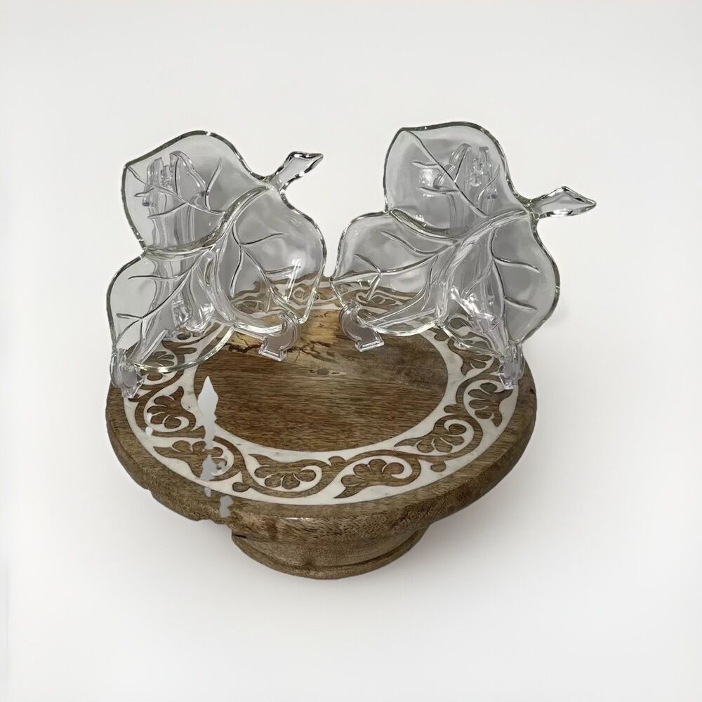 Vintage Clear Glass Leaf Shaped Candy Nut Dish Bowl Divided -  Item Set Of 2